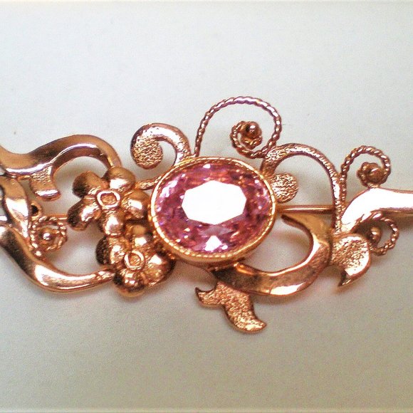 Vintage Russian Soviet USSR 14K 583 Rose Pink Gold Pink Tourmaline Brooch Pin - Picture 3 of 4